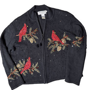 Vintage Y2K Christmas Cardigan Sweater Size Large Petite Red Cardinal Birds EUC